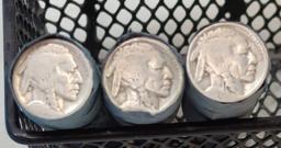 THREE ROLLS OF WELL WORN BUFFALO NICKELS NO DATE VISIBLE 120 TOTAL