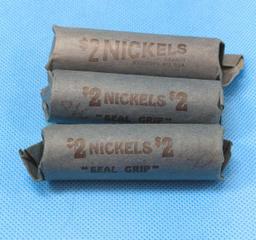 THREE ROLLS OF WELL WORN BUFFALO NICKELS NO DATE VISIBLE 120 TOTAL