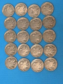 BUFFALO NICKELS LOT - 1920-29 - 1923-34 - 43 TOTAL - NUMBERS ARE FAINT