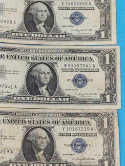 FIVE 1957B ONE DOLLAR SILVER CERTIFICATES