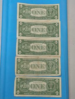 FIVE 1957B ONE DOLLAR SILVER CERTIFICATES