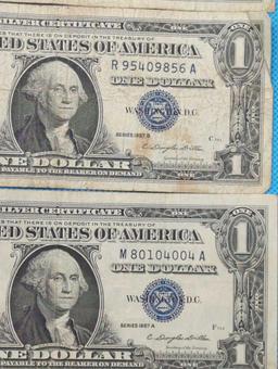 FIVE ONE DOLLAR SILVER CERTIFICATES - 1957-1 - 1957B-4