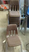 10 Brown Stackable Plastic Chairs, Metal Legs, Fabric-Padded Seats