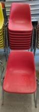 10 Red Stackable Plastic Molded Shell Chairs, Metal Frame, Red