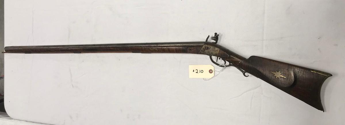Early Kentucky Long .40 cal Flintlock Rifle w/decorated patch box (old repair)