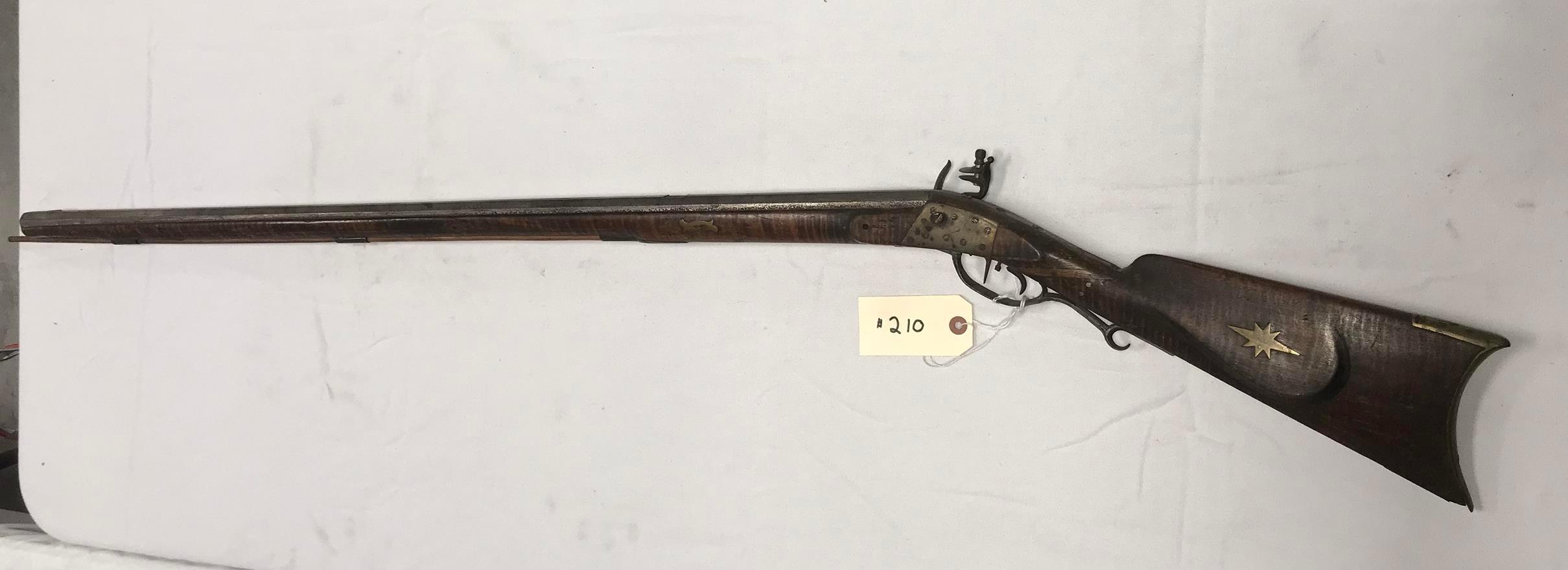 Early Kentucky Long .40 cal Flintlock Rifle w/decorated patch box (old repair)