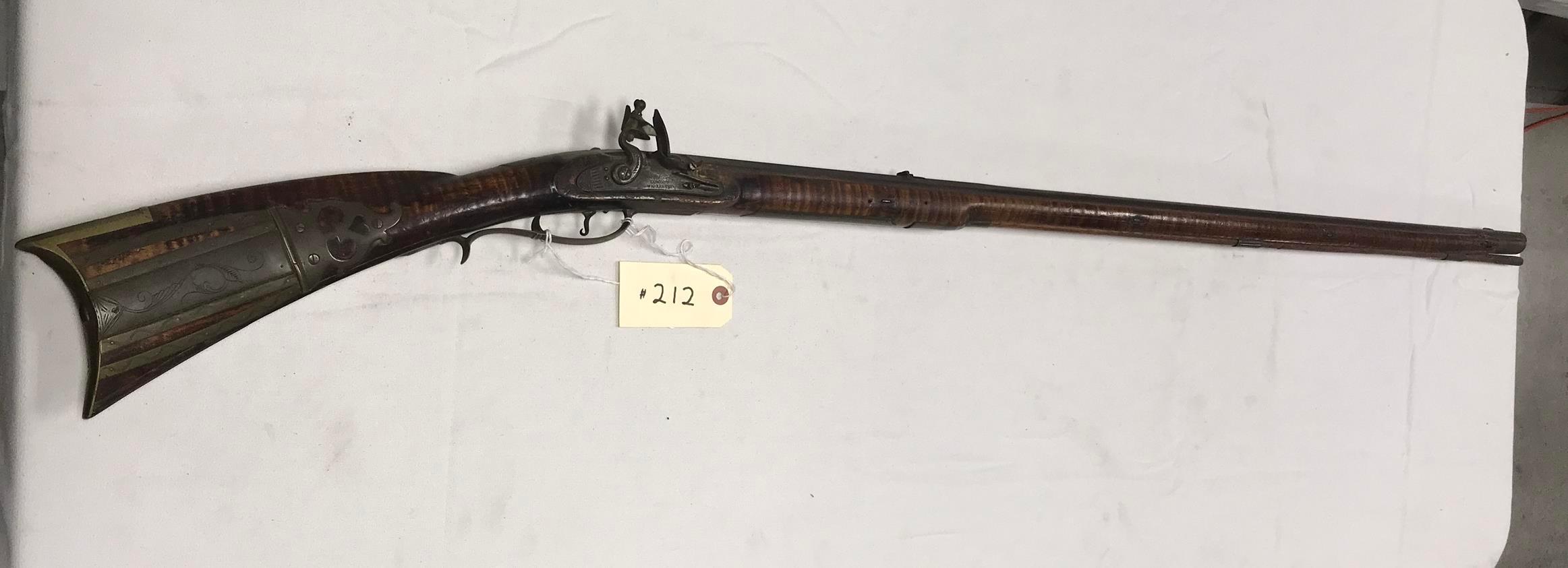 Early Kentucky 45 cal Flintlock Rifle w/full curley maple stock including silver inlay, decorated pa