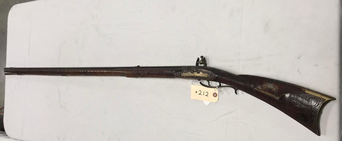 Early Kentucky 45 cal Flintlock Rifle w/full curley maple stock including silver inlay, decorated pa