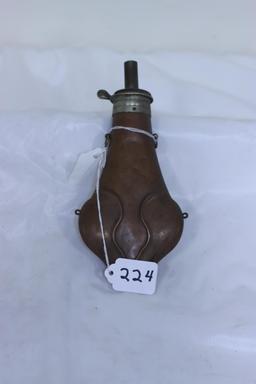 #224-POWDER FLASK W/DECORATIVE COPPER AND BRASS