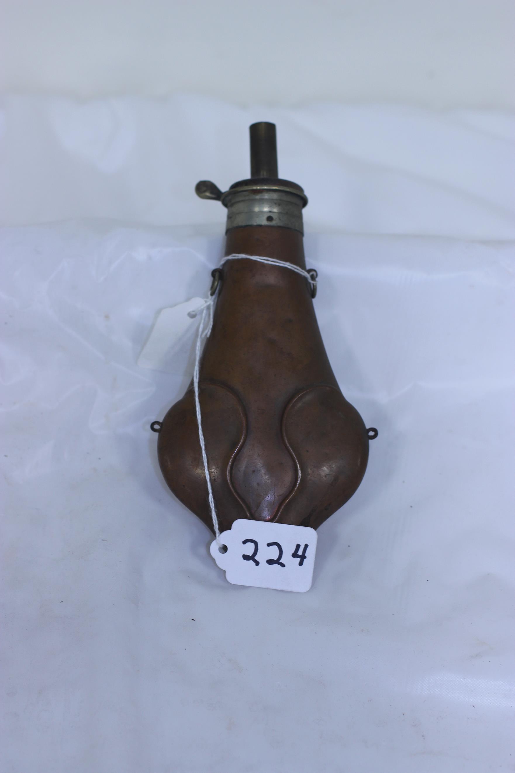 #224-POWDER FLASK W/DECORATIVE COPPER AND BRASS
