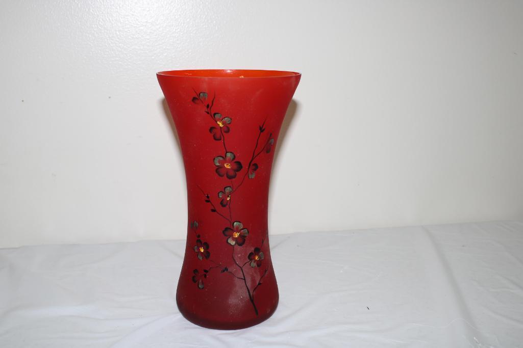 FENTON FLORAL PATTERN VASE, HANDPAINTED BY S. STEPHENS, 10"