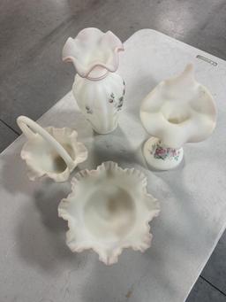 (4) PCS. HAND-PAINTED FENTON, INCLUDING BASKET, VASES, FLUTED BOWL, ALL ART