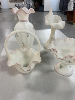 (4) PCS. HAND-PAINTED FENTON, INCLUDING BASKET, VASES, FLUTED BOWL, ALL ART