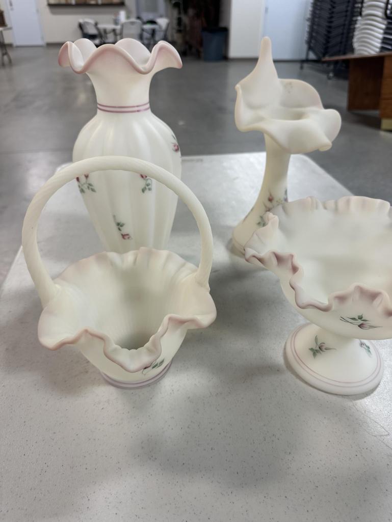 (4) PCS. HAND-PAINTED FENTON, INCLUDING BASKET, VASES, FLUTED BOWL, ALL ART