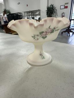 (4) PCS. HAND-PAINTED FENTON, INCLUDING BASKET, VASES, FLUTED BOWL, ALL ART