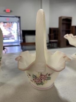 (4) PCS. HAND-PAINTED FENTON, INCLUDING BASKET, VASES, FLUTED BOWL, ALL ART