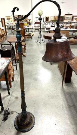 UNUSUAL WOOD LAMP, MULTI-COLORED WITH FLORAL PAINTED SHADE, SMALL CRACK IN