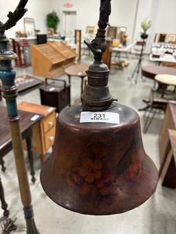 UNUSUAL WOOD LAMP, MULTI-COLORED WITH FLORAL PAINTED SHADE, SMALL CRACK IN