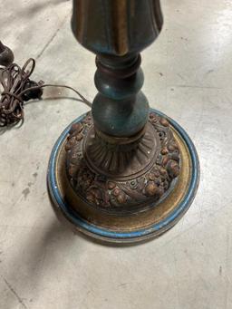 UNUSUAL WOOD LAMP, MULTI-COLORED WITH FLORAL PAINTED SHADE, SMALL CRACK IN