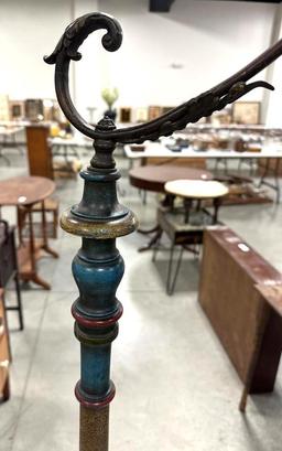 UNUSUAL WOOD LAMP, MULTI-COLORED WITH FLORAL PAINTED SHADE, SMALL CRACK IN