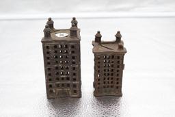 (2) BUILING FORM CAST IRON BANKS, SMALLER ONE MISSING TWO FINIALS