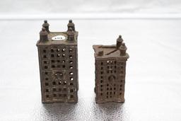 (2) BUILING FORM CAST IRON BANKS, SMALLER ONE MISSING TWO FINIALS