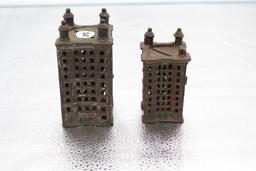 (2) BUILING FORM CAST IRON BANKS, SMALLER ONE MISSING TWO FINIALS
