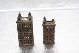 (2) BUILING FORM CAST IRON BANKS, SMALLER ONE MISSING TWO FINIALS