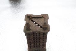(2) BUILING FORM CAST IRON BANKS, SMALLER ONE MISSING TWO FINIALS