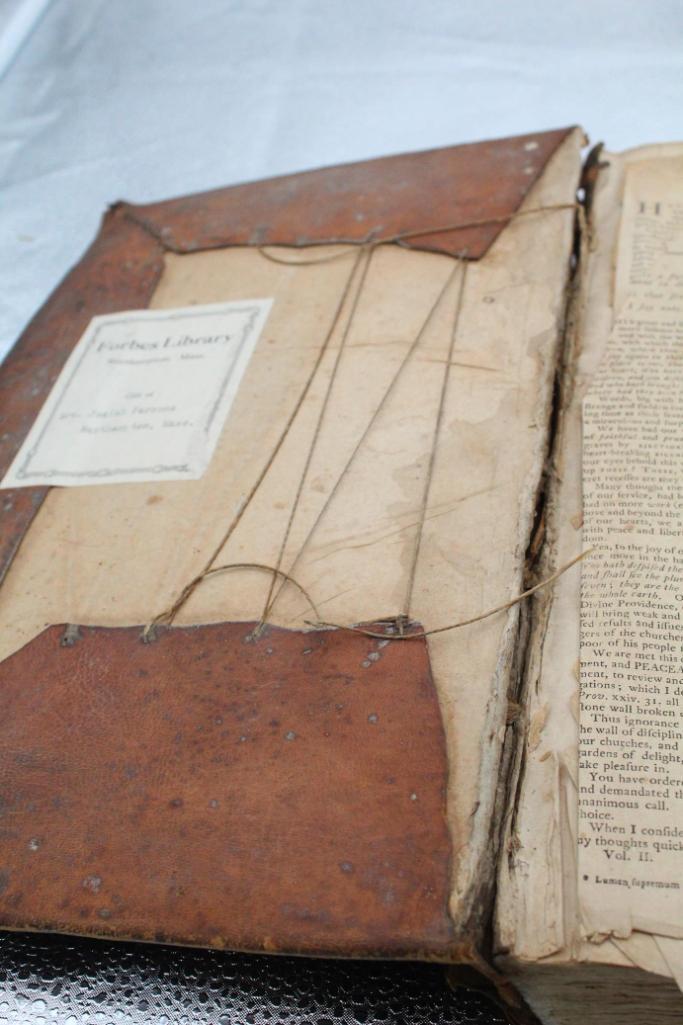 LARGE 17TH CENTURY LEATHER BOUND BOOK FROM FORBES LIBRARY, NORTH HAMPTON, M