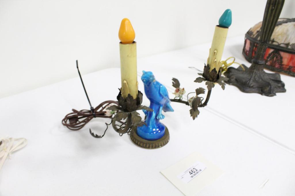 FRENCH 2-LIGHT LAMP WITH CHIPPED BIRD