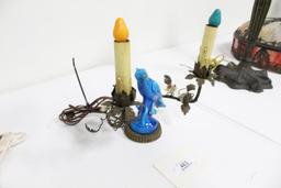 FRENCH 2-LIGHT LAMP WITH CHIPPED BIRD