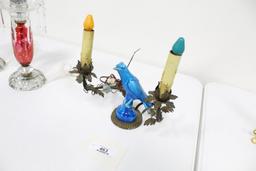 FRENCH 2-LIGHT LAMP WITH CHIPPED BIRD