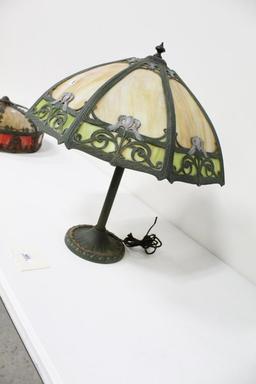 FINE 8-PANEL SLAG GLASS LAMP, LOST PATINA ON LAMP BASE, 25"