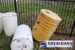55 GALLON DRUMS: (12) 55 GALLON PLASTIC DRUMS, AND ONE LARGER YELLOW P