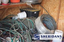 SHED CLEANOUT: SHED CLEAN OUT LOT FEATURING HOSES, FEEDERS, (2) ELECTR