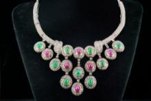11.25ctw Emerald and Ruby, 9.50ctw Diamond, Silver/14K Necklace