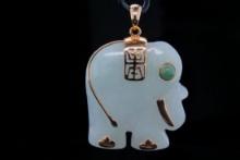 Green Jade and 14K Yellow Gold 1.10" Elephant Pendant