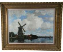 Artist Signed Oil on Canvas Windmill Landscape Painting