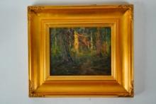 Forest Path Oil on Board Landscape Painting (Framed)