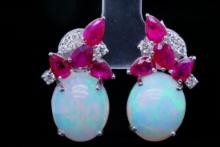 11.90ctw Opal, 3.80ctw Ruby and Diamond, 18K Earrings