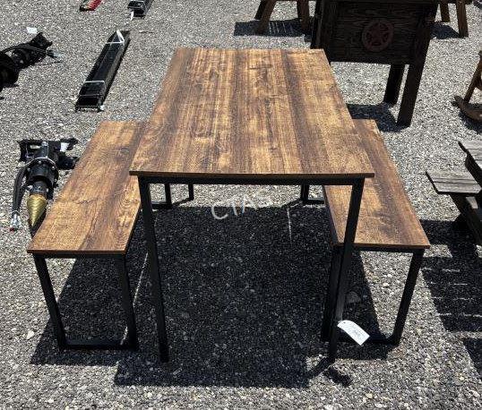 Wooden Table & Bench Chairs, Metal Frames