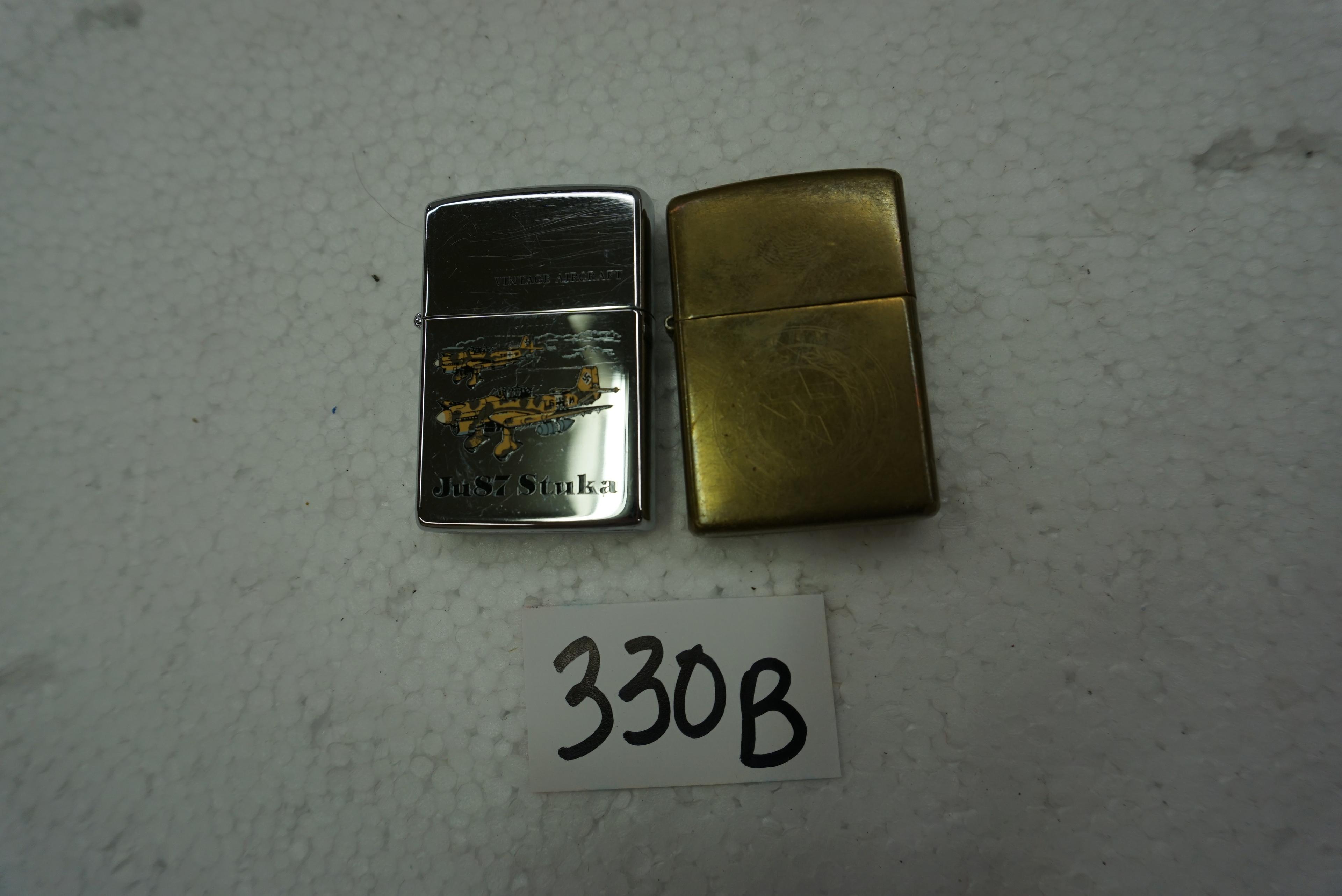 Two (2) Zippo Lighters: Older Texas A&M Brass and JU87 Stuka Bomber, Both One Money