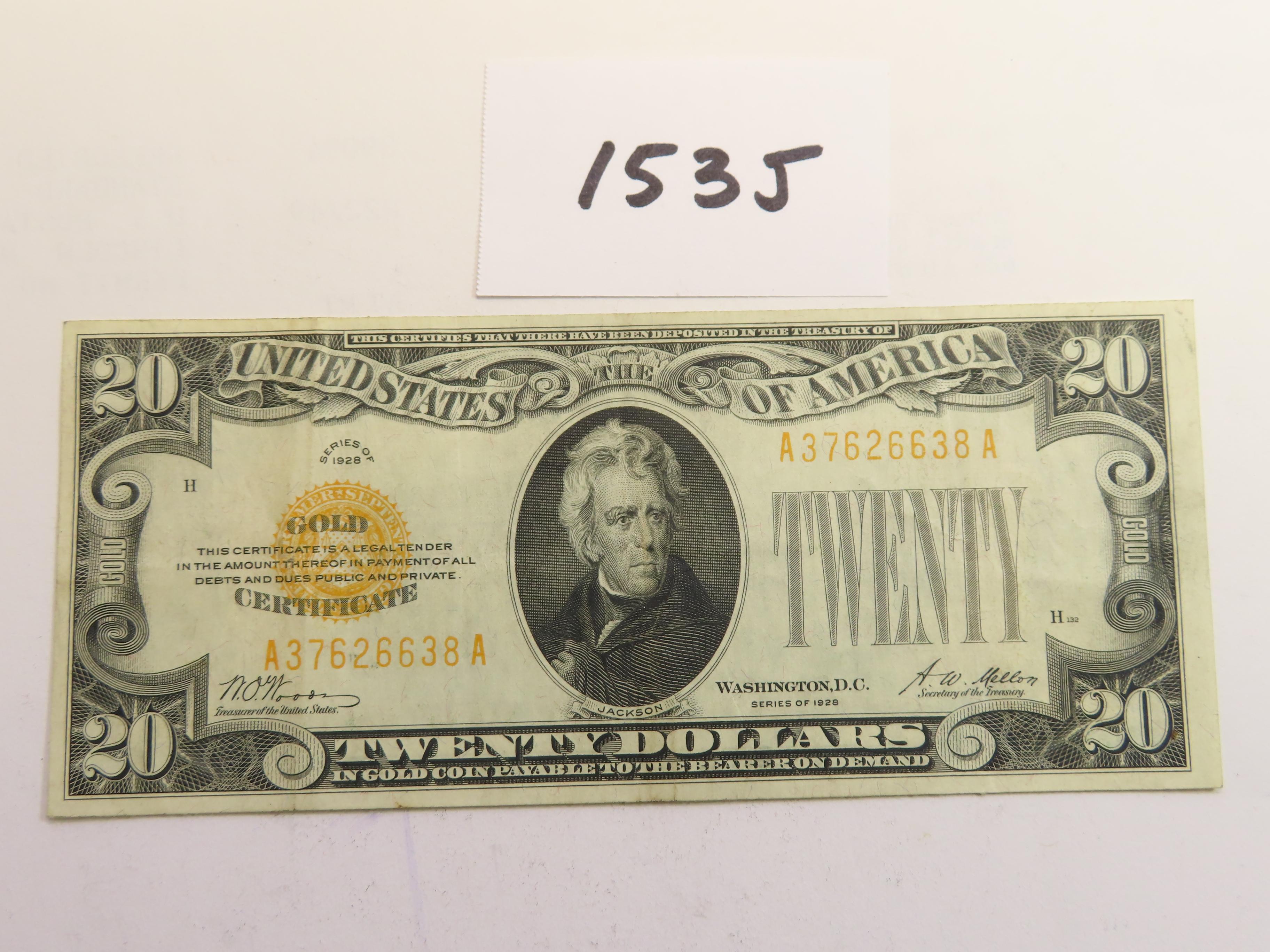 1928 Twenty Dollar Gold Certificate, Woods-Mellon, Very Nice