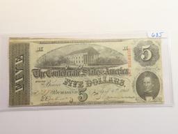 1863 $5 FIVE DOLLAR CSA CONFEDERATE STATES OF AMERICA CURRENCY NOTE