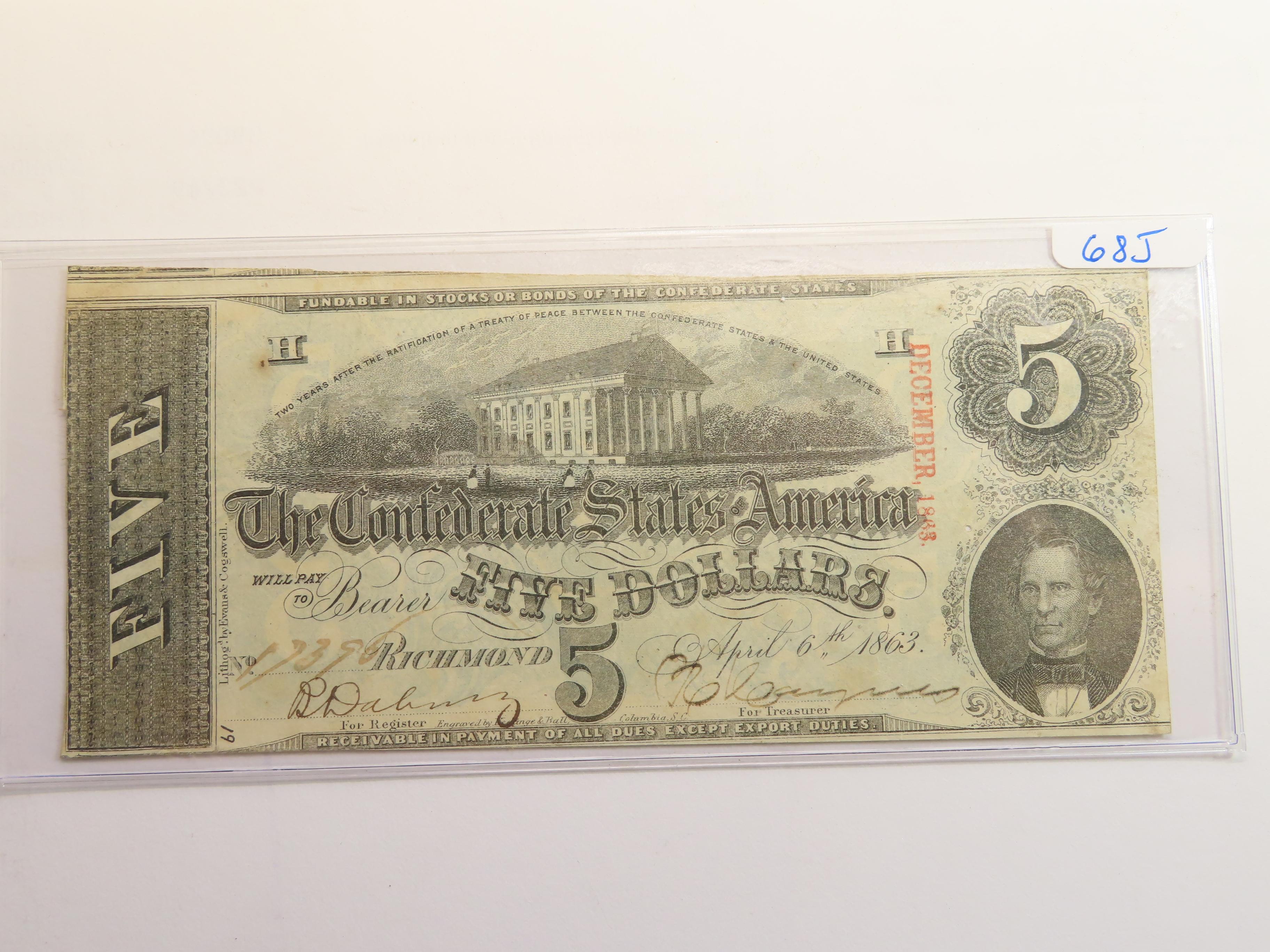 1863 $5 FIVE DOLLAR CSA CONFEDERATE STATES OF AMERICA CURRENCY NOTE