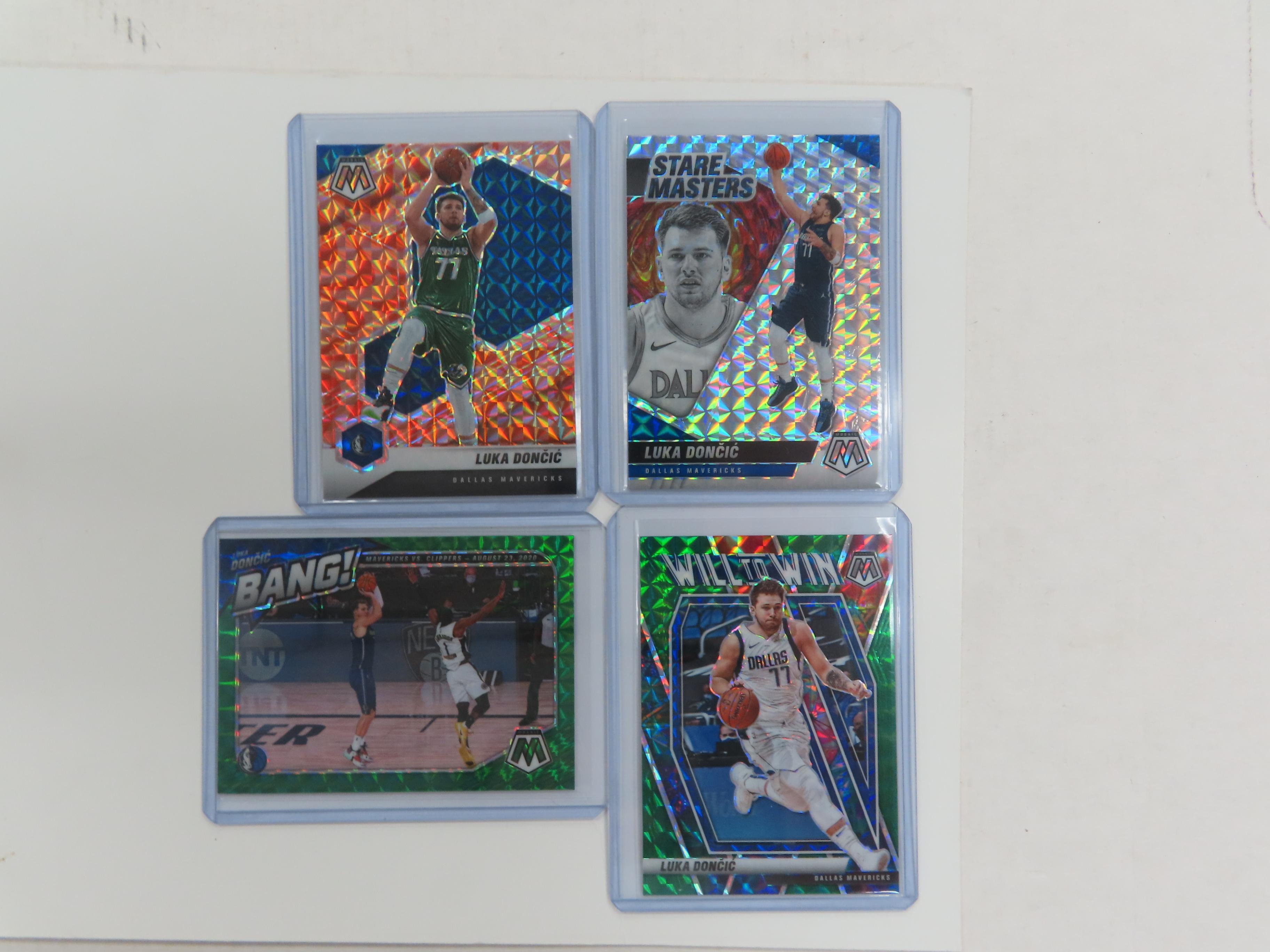 Four (4) X the Money: 2020-21 Panini Luka Doncic Cards, All Different. incl. Bang! and Stare Masters