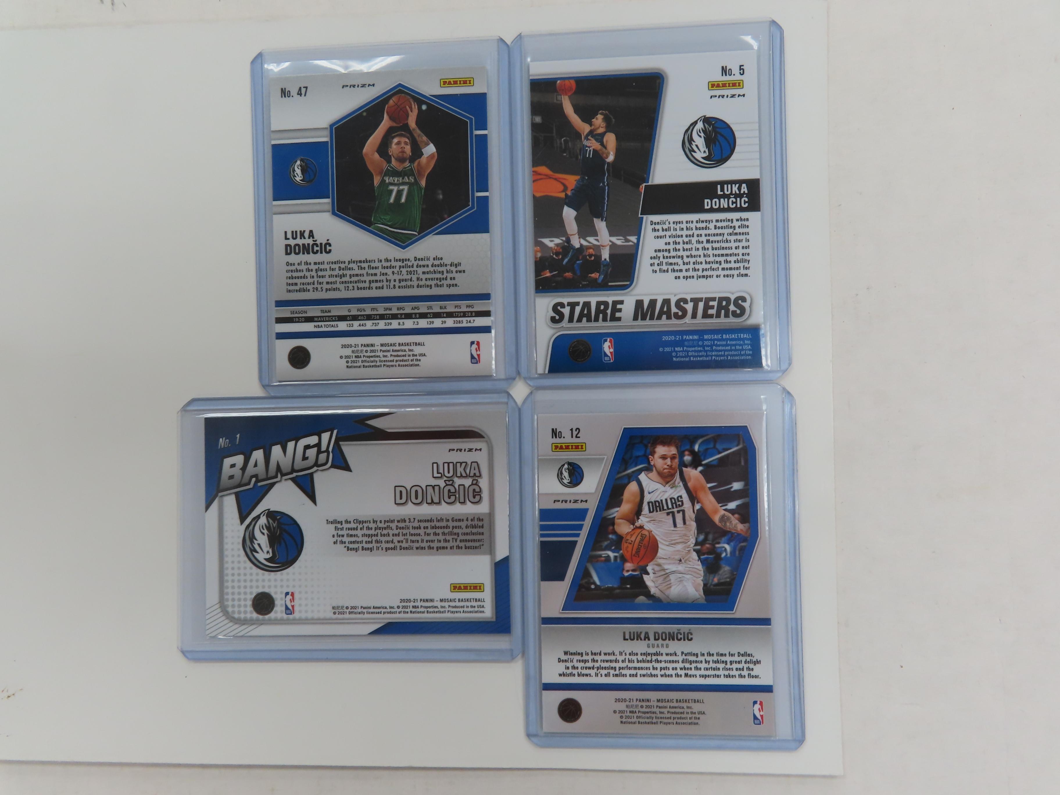 Four (4) X the Money: 2020-21 Panini Luka Doncic Cards, All Different. incl. Bang! and Stare Masters