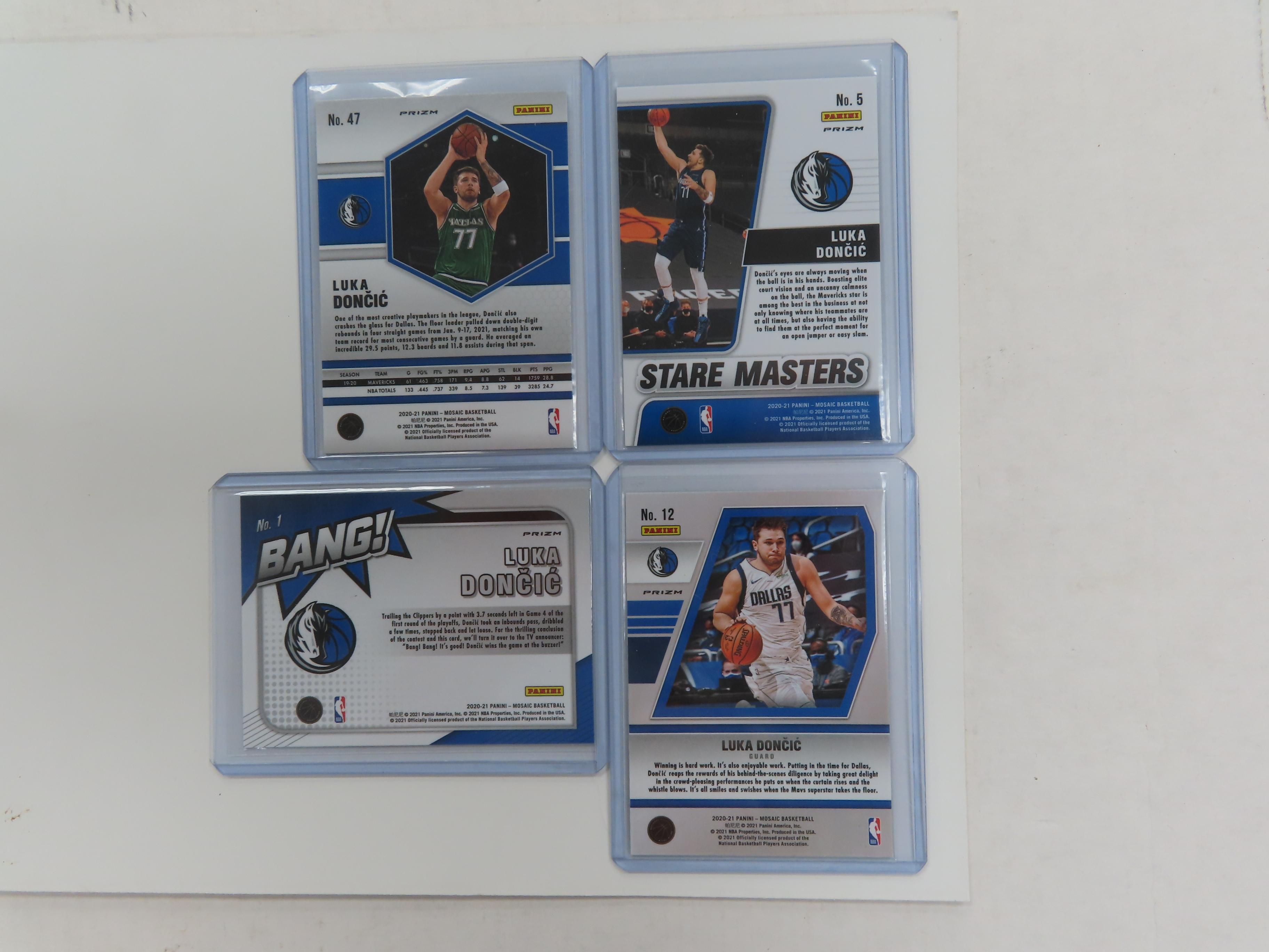 Four (4) X the Money: 2020-21 Panini Luka Doncic Cards, All Different. incl. Bang! and Stare Masters