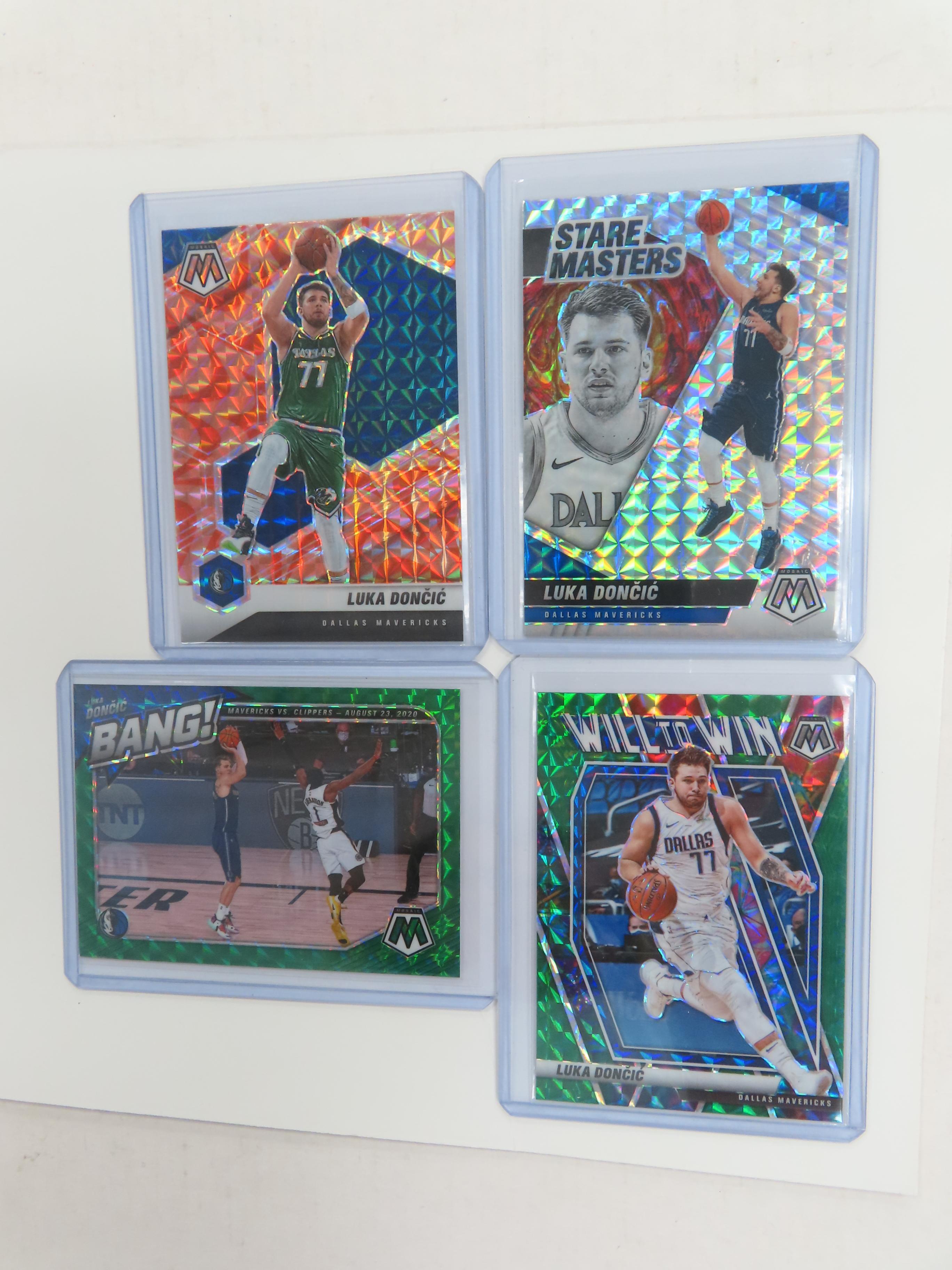 Four (4) X the Money: 2020-21 Panini Luka Doncic Cards, All Different. incl. Bang! and Stare Masters
